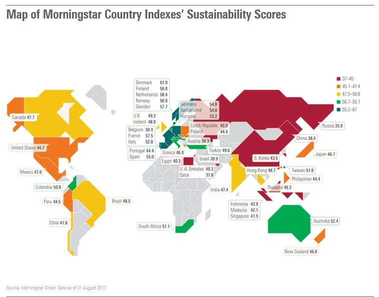 Map of Morningstar Country Indexs' Sustainability scores